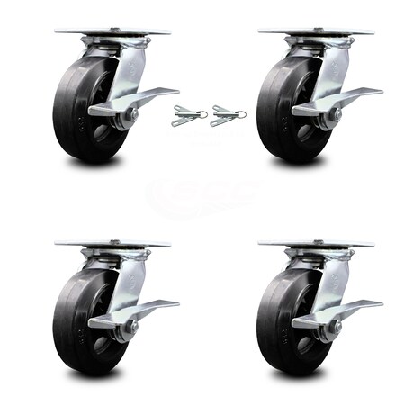 Service Caster 6 Inch Rubber on Steel Caster Set with Roller Bearing 4 Brake and 2 Swivel Lock SCC-35S620-RSR-SLB-BSL-2-SLB-2